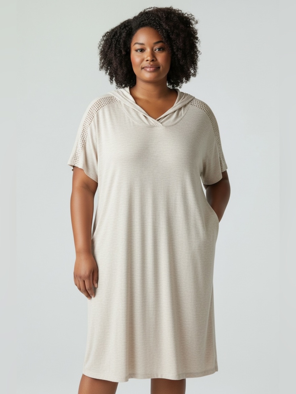 Calvin Klein Rhinestone Logo Hooded Beige T-Shirt Dress Size 1X NWT